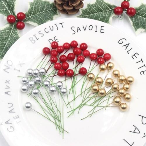 50PCS Mini Pearl Plastic Stamens Artificial Flower Red Berries Cherry For Wedding Christmas Home DIY Gift Box Wreaths Decoration