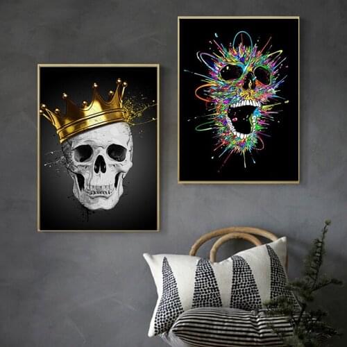 Abstract White Vintage Skull Wearing Crown Canvas Painting Posters and Prints Cuadros Wall Art Pictures for Living Room No Frame