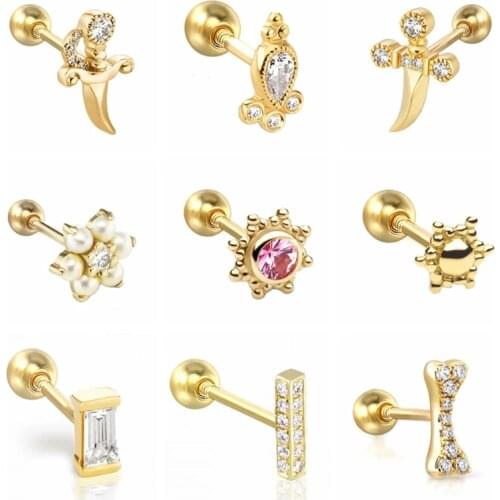 Aide 925 Sterling Silver White CZ Crystal Sword Stud Earrings For Women Pearl Beads Bar Bone Shape Piercing Ear Studs Jewelry