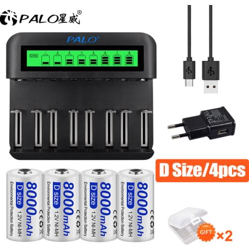 PALO D rechargeable battery D Batteries 8000mAh C size R20 rechargeable battery 4000mAh Type C battery 1.2V NI-MH + LCD Charger