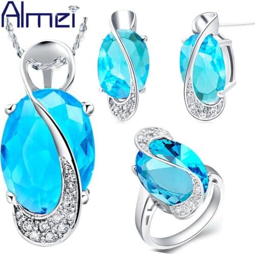 Almei 40% off Bridal Jewelry Set Silver Color Bijoux Women Blue Multi Stones Rhinestone Necklaces Sets Purple Earrings Ring T299