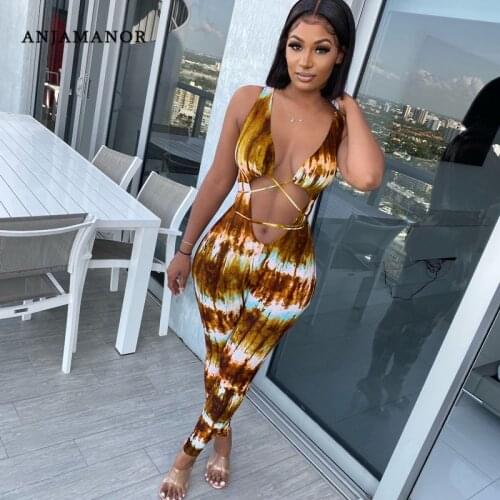 ANJAMANOR Tie Dye Women One Piece Jumpsuits Sexy Club Outfits for Woman Plus Size Hollow Out Bodycon Jumpsuit Romper D35-CD27