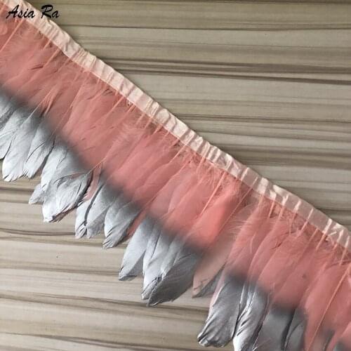 Asia Ra 4M Champagne Pink Dyed Goose fringe paint Silver Tips Feather Trims With Satin Ribbon Tape 15-20CM 6-8 Inch DIY Costume
