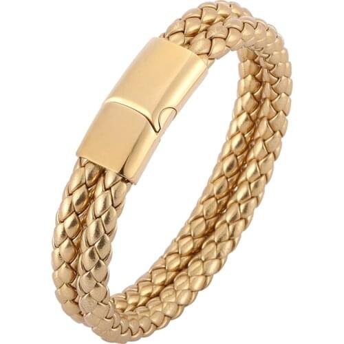 Punk Golden Double Braided Leather Bracelet Male Fashion Men Jewelry Stainless Steel Magnetic Clasp Male Wristband Gifts PD0503