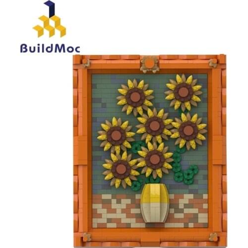 BuildMoc Pixel Art Mosaic Painting Set Artist Figures Masterpiece Sunflower MOC Building Blocks Bricks Art Toy for Children Gift