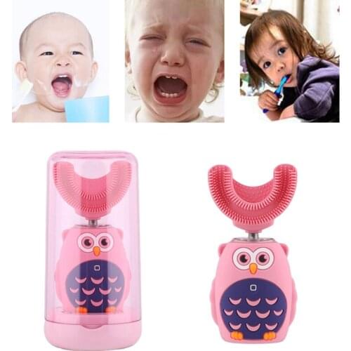 Kids Electric Ultrasonic Toothbrush U Shaped Cartoon Owl Rechargeable Toddler Intelligent Voice Waterproof Silicone Automatic