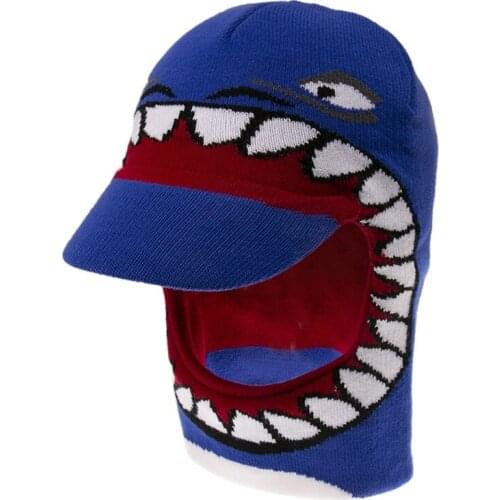 Kids Boy Winter Knitted Beanie Hood Hat with Windproof Visor Cartoon Shark Stretch Hip Hop Earflap Scarf Cap Neck Warmer