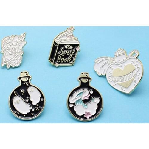 Gothic Spell Book Magic Enamel pin rose ghost stars Perfume Liquid medicine Magic Book bottle Lapel pins Dark Badges Gift
