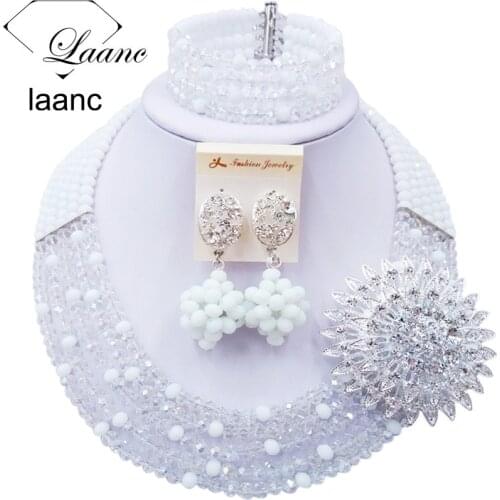 Beautiful White Transparent Crystal Beaded Necklaces Costume Nigerian Wedding African Beads Jewelry Set for Women 5SZK007