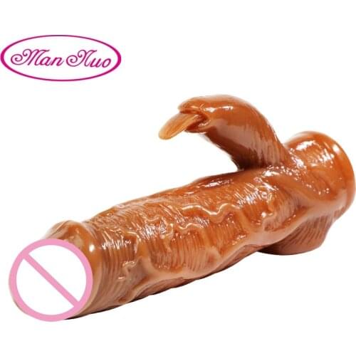 Reusable Male Enlargement Penis Sleeve Double Vibration Condom Soft Dildo Cock Cover Delayed Ejaculation Adult Sex Toy Products