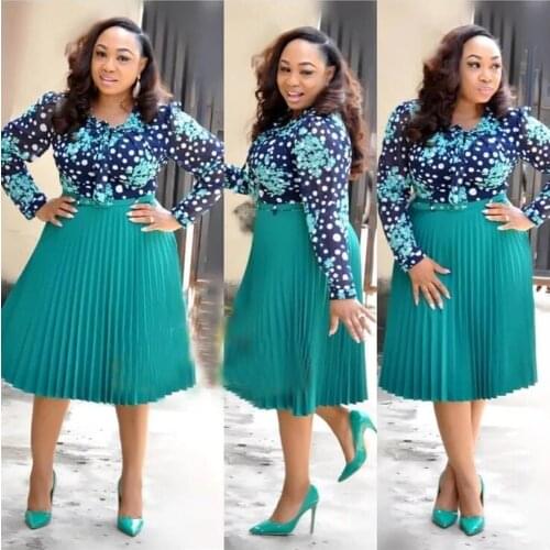 Fashion Sexy Succunct African Traditional Famous Printed Dashiki Dress For Lady Thin Women Office Style Flower Pleated skirt