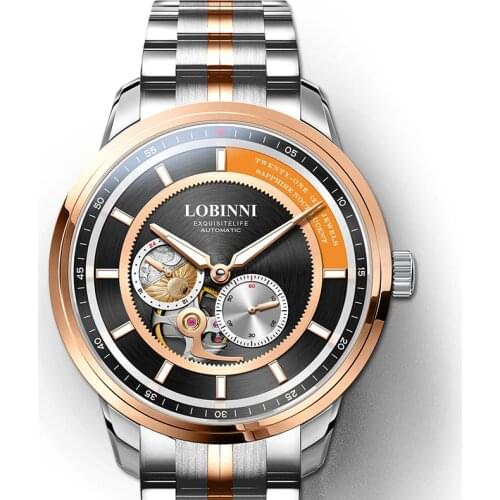 LOBINNI top luxury brand watches men,mens wrist watch automatic self wind mechanical wristwatch skeleton mens clock sapphire