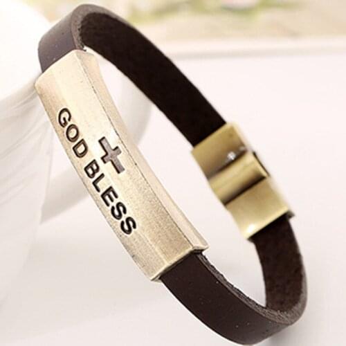 New Punk Style Jewelry Genuine Cow Leather God Bless Cross Infinity Bracelet Bangle For Men Women Best Friends Gift
