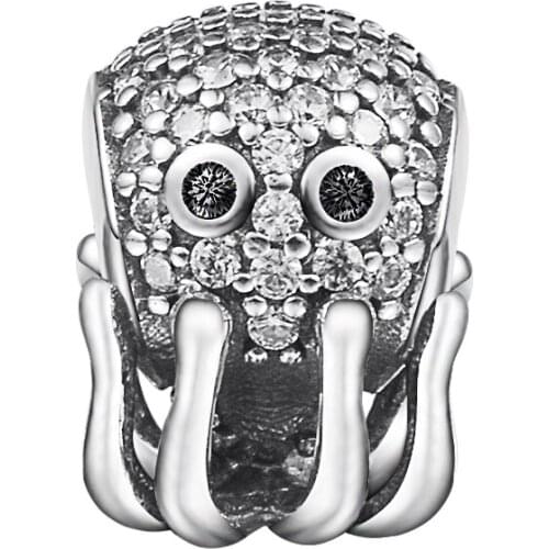 Fits for Pandora Charms Bracelets Tropical Octopus Beads with Clear CZ 100% 925 Sterling-Silver-Jewelry Free Shipping