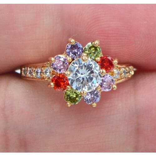 Gold Color AAA+ Cubic Zirconia Romantic Women Multicolor CZ Sunflower Engagement Ring Jewelry