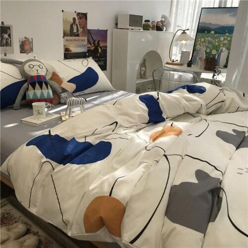Ins Nordic Bedding Set Modern Minimalist Duvet Cover Sheet Bed Four-piece Set of Pure Cotton Blue Freehand Printed Bedding