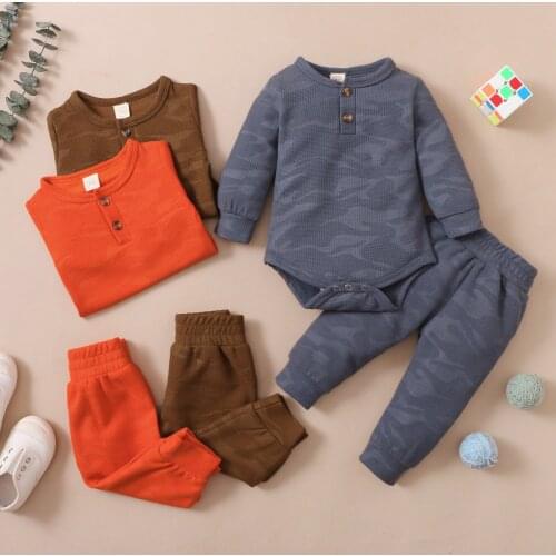 Infant Baby Girls Boys Casual Two-piece Clothes Set, Camouflage Printed Pattern Romper and Pants, Dark Grey/ Orange/ Brown