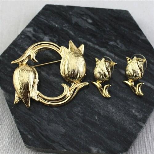 Antique Brushed Tulip Vintage Gold 925 Silver Pin Stud Earrings Earrings Brooch Brooch Female