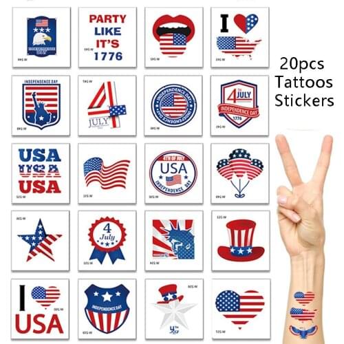 Omilut 20pcs Independence Day Tattoo Stickers 4th of July Temporary Tattoo American Flag Blue White&Red Tattoos Body Face Art St