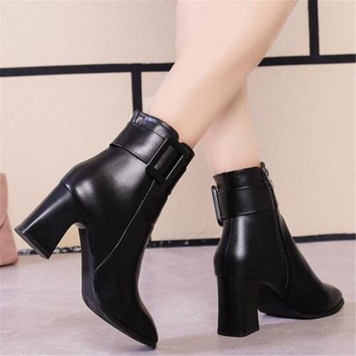 Winter Warm Block Chunky High Heels Ankle Boots For Women Black White Buckle Female Square Toe Booties Office Lady Side Zip Shoe