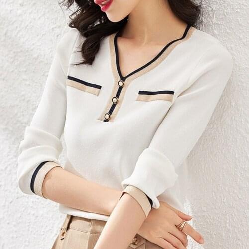 TuangBiang Women Button V-Neck Long Sleeve Patchwork Sweater 2021 Fashion White Elastic Pullover Autumn Lady Bright Silk Jumpers