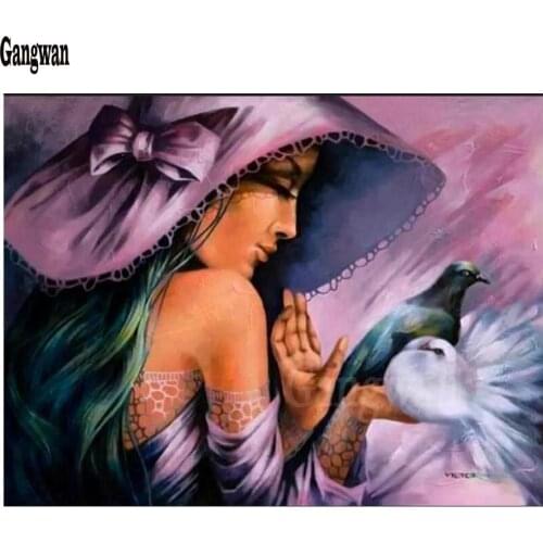 "hat woman and pigeon"Full Square/Round Drill 5D DIY Diamond Painting Embroidery sale Cross Stitch 5D mosaic Home Decor Gift