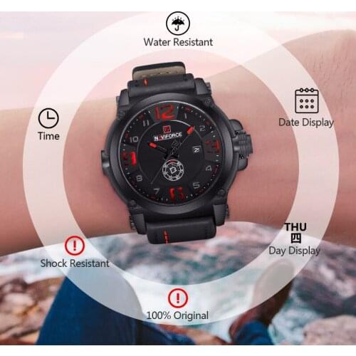 NAVIFORCE Tpo Luxury Brand Mens Watches Business Water Resistance Wristwatch Sports Watch Men Leather Black Strap Male Clock