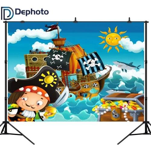 Dephoto Pirate Ship Theme Scene Treasure sun sea photo backdrop Computer printed children kids photography studio background