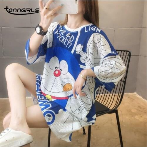 Tonngirls Doraemon Homewear Nightgown Women Cartoon Night Dress Summer Sleepwear Short Sleeve Sleeping Dress Night Gown