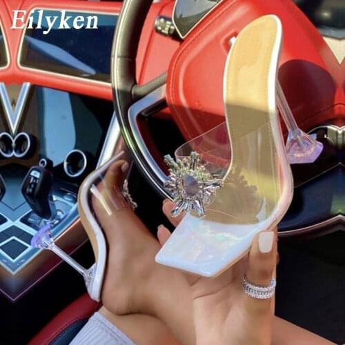 Eilyken PVC Transparent Crystal Sun Flowers Buckle Womens Slippers Summer Square Toe Sandals Ladies Strange High Heels Shoes