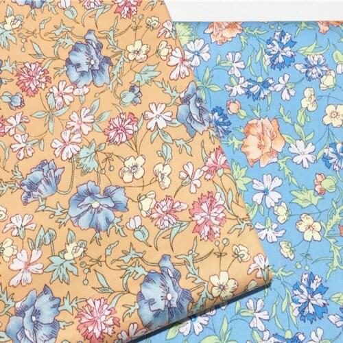 Graceful Blue & Orange Blooming Flowers Print 100% Cotton Fabric Floral Cotton Fabric DIY Sewing Baby Cloth Bedding Quilting Dec