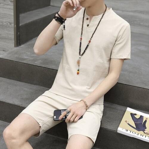 Prowow Solid Color V-neck Mens Suit Harajuk Leisure Short Tee Shirt Male 2021 Summer New Cotton Linen Man Tops Large Size 5xL