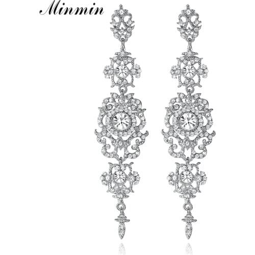 Minmin Silver Color Crystal Chandelier Wedding Long Earrings for Women Luxury Brides Bridesmaid Earrings Fashion Jewelry MEH182