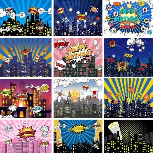 Mocsicka Superhero Theme Birthday Party Backdrop City Building Night Kid Girl Hero Poster Photo Background for Photo Studio Prop