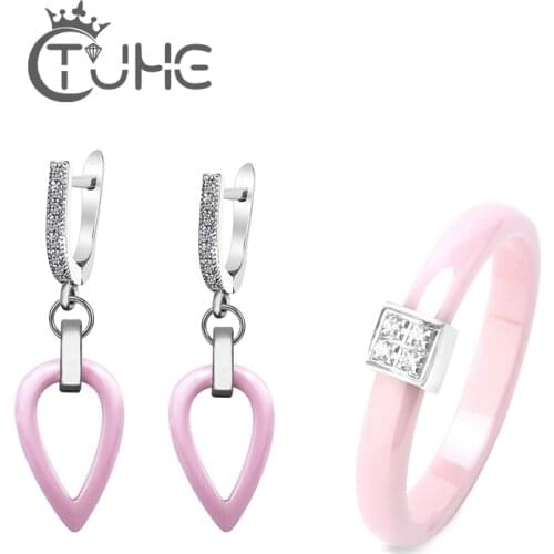 Trendy Jewelry Lovely Pink Smooth Ceramic Pink Jewellery Sets For Women Fashion Hollow Water Drop Earrings 3mm Ceramic Rings