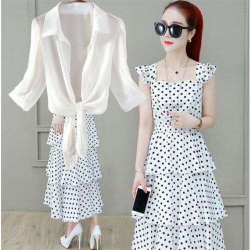 2021 Fashion Women 2 Pieces Set Chiffon Blouse Top + Polka Dot Pleated Sleeveless Long Dress Outfits Female Elegant Suits Q236