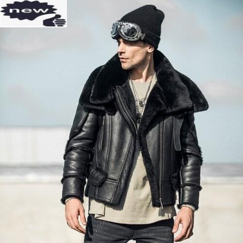 Luxury Shearling Men Short Fashion Slim Real Fur Coat Winter Black Zip Vintage Military Genuine Leather Jacket Oversize