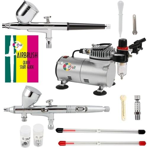 OPHIR 2 Double Action Airbrush Kit with Air Compressor for Model Hobby Temporary Tattoo Air Brush Spray Gun_AC089+AC004+AC070