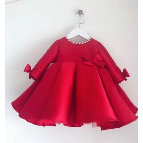 Formal Flower Girls Dress Red Wedding Party Dresses Long Sleeve Kids Princess Gown Beads Lace Evening Dress Party Prom Clothes