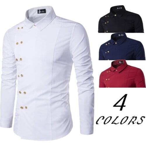 Autumn Mens Irregular Double Breasted Button Up Ethnic Shirts Men Solid Color Long Sleeve Slim Fit White Shirt Chemise Blanche