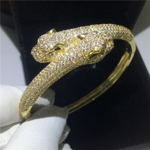Luxury Leopard Shape Bangle Pave setting 380pcs 5A cubic zirconia Gold color bracelet bangles for women wedding accessaries