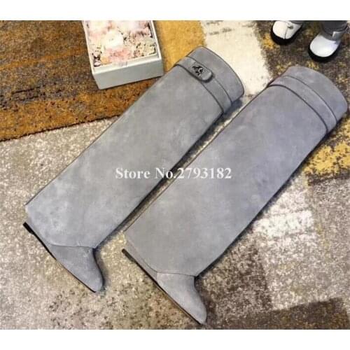 Brand Design Women Fashion Round Toe Buckle Design Wedge Knee High Boots Red Grey Lock Decorated Long Height Increased Boots