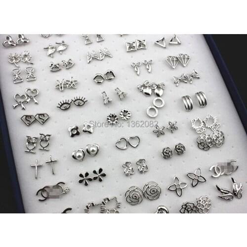HOT 50pairs High Quality Rhodium Plated Cartoon animals Flowers Stud Earring Wholesale Mixed Style Alloy Earrings ME127