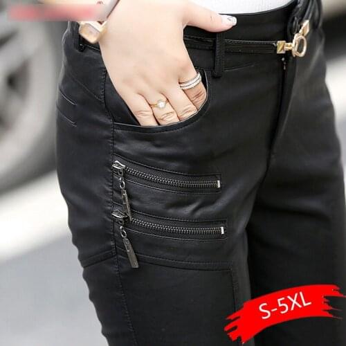 Spring Autumn Casual Leather Pants Lady Hot Slim PU Leather Stylish Zipper Fashion Pencil Skinny Trousers For Woman With Belt