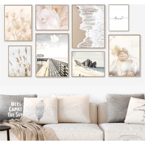 Nordic Home Decor Wall Art Canvas Painting Beige Flower Beach Landscape Picture Bohemia Poster and Print for Living Room Design