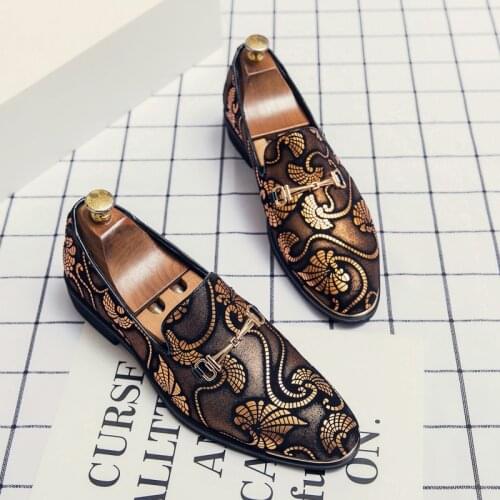 Vintage Casual Mens Leather Shoes Printed Large Mens Loafers Breathable Flat Mens Boat Shoes Moccasin Homme Driving Shoes Men