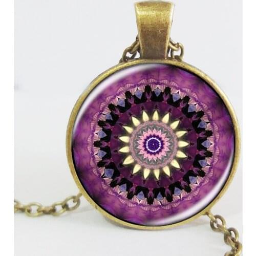 Vintage Pendant Necklace Purple Flower Of Life Picture Glass Cabochons Handmade Antique Bronze Chain Necklaces Fashion Jewelry
