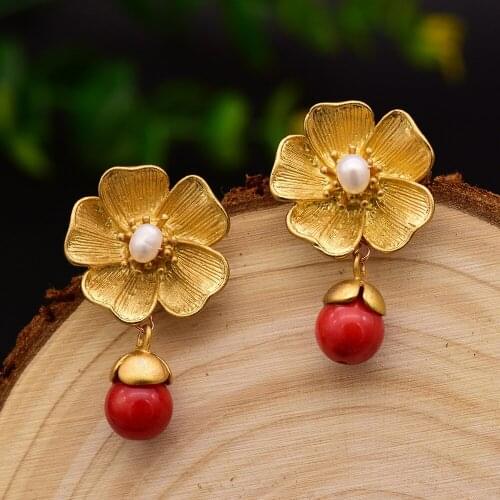Natural Fresh Water White Pearls Metal Flower Red Stone Vintage Drop Earrings For Women Anniversary Ear Pin Fine Jewelry Fashion