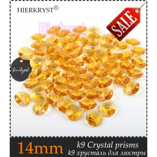 HIERKRYST 50 pcs 14 mm Octagon Beads Crystal Glass Chandelier Parts Rainbows Maker Prisms Pendants Connectors Golden #08A
