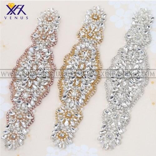XFX VENUS 1PC Crystal Silver Rhinestone Appliques Patch Gold Bridal Beaded Applique Sew Iron on For Wedding Dresses Rhinestone